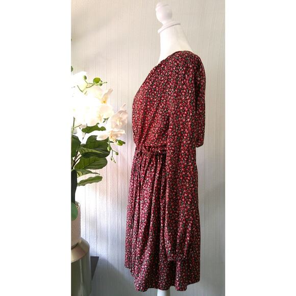 Loft Long Sleeve Side Tie Swing Dress Red Mini Floral Print-NWT Women's Large - Picture 3 of 10
